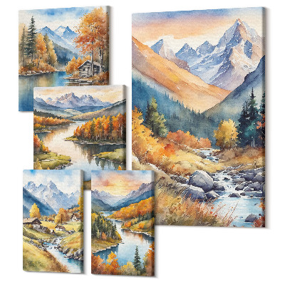 Vászonkép ötrészes Őszi hegyi tájak folyókkal és nyaralók az erdőben