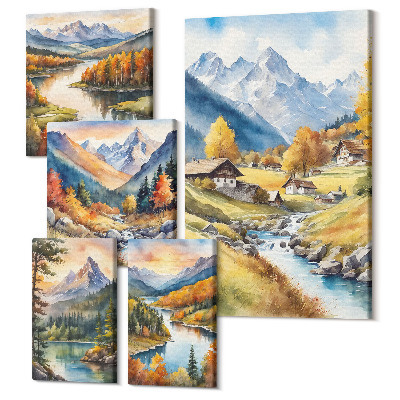 Öt részes vászonkép szett Festői hegyi tájak folyókkal és erdőkkel