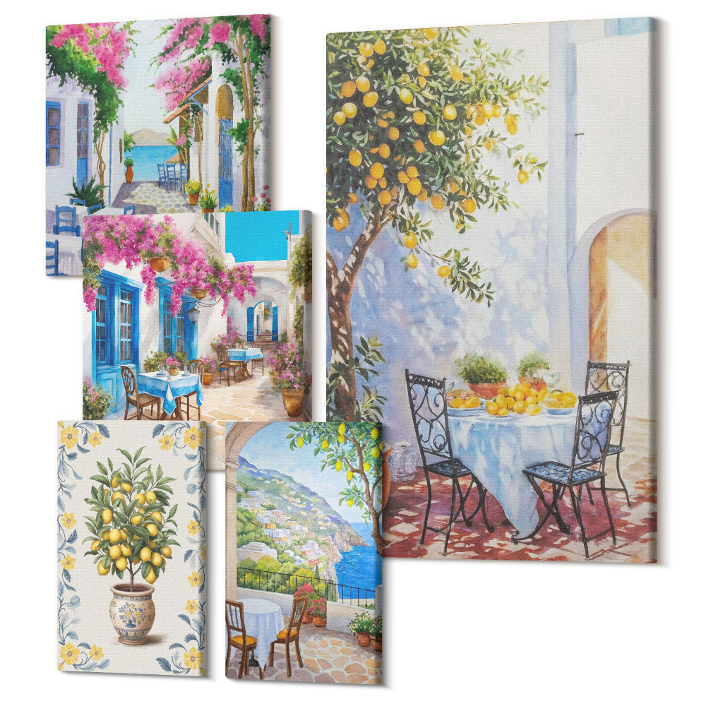 Vászonkép ötrészes Bájos mediterrán tájak virágokkal és gyümölcsökkel