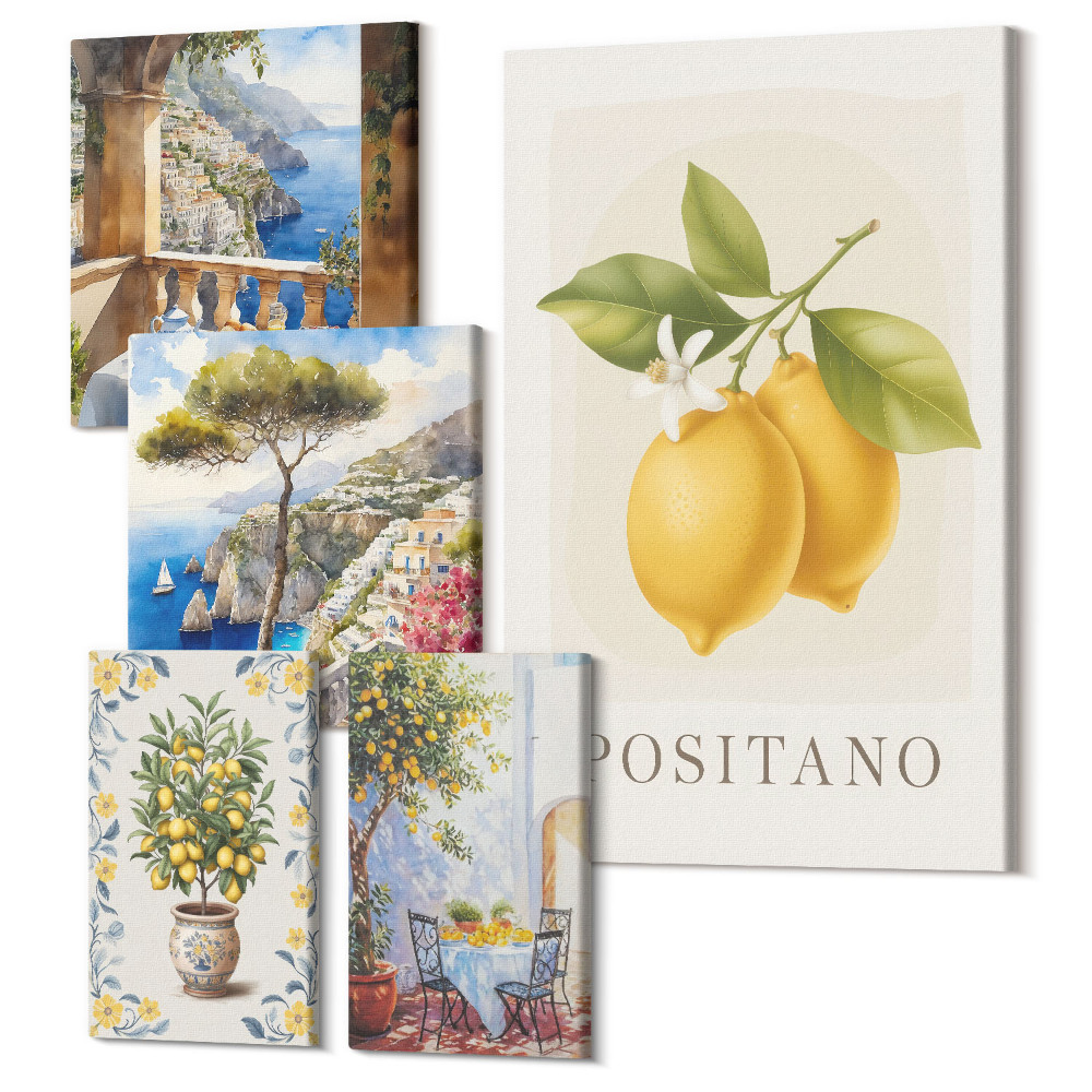 Öt részes vászonkép Mediterrán ihletésű citrusos akcentusok és tengerre néző kilátás
