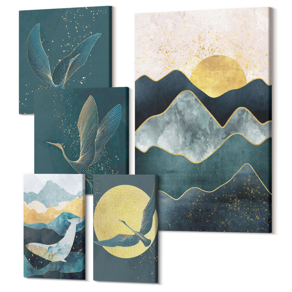 Öt részes vászonkép Stílusos hegyi tájak madarakkal és a nappal