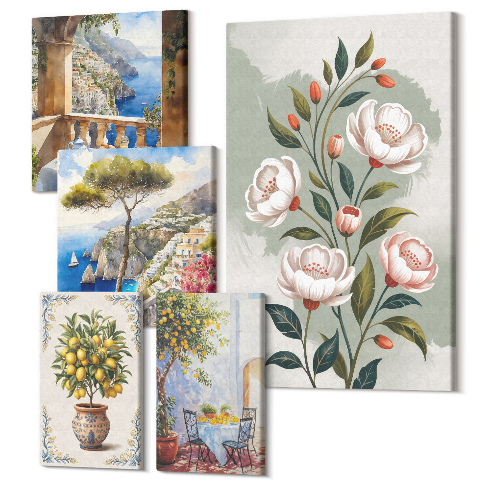 Öt részes vászonkép szett Virágmotívumok és festői tájképek