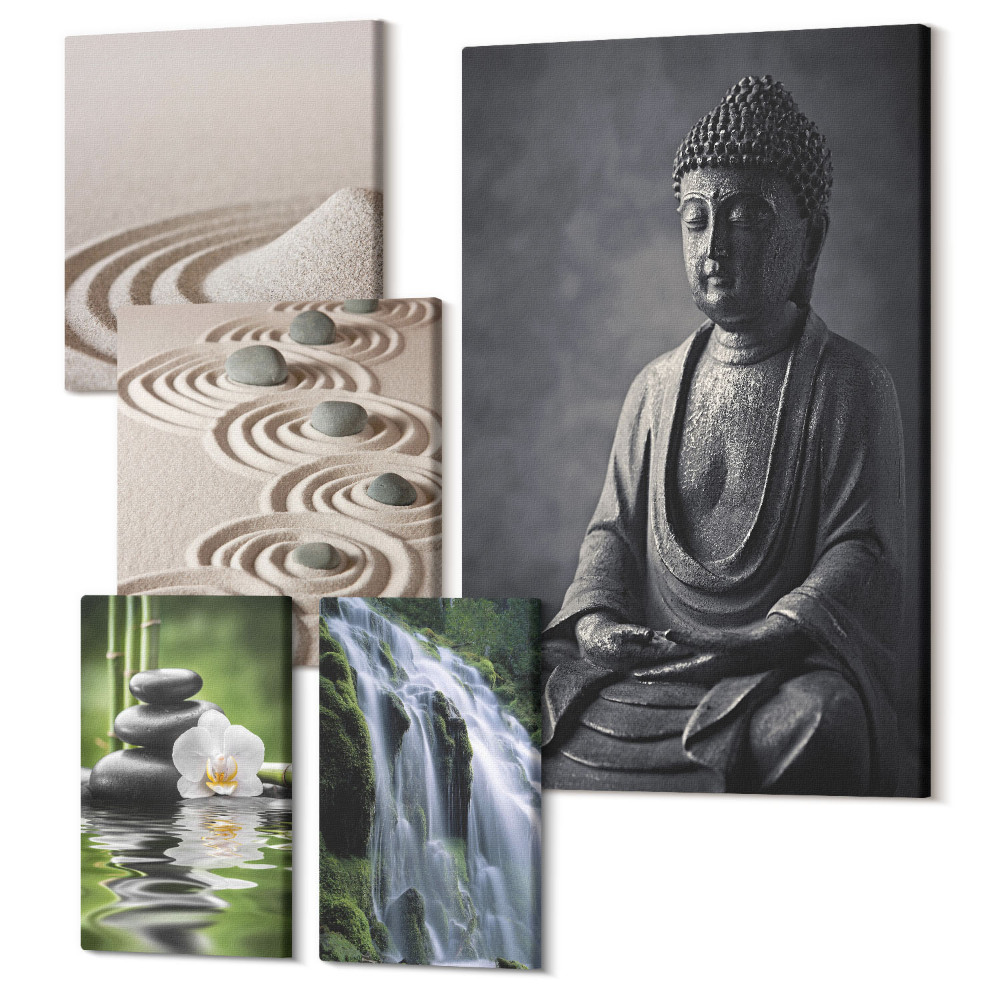 Vászonkép ötrészes Lazító zen témák természettel és buddhista üzenettel