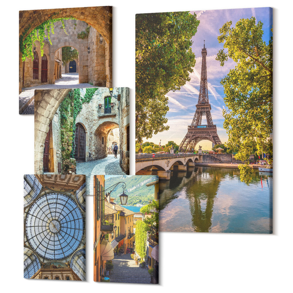 Vászonkép ötrészes Bájos kilátás az európai városokra és az építészetre