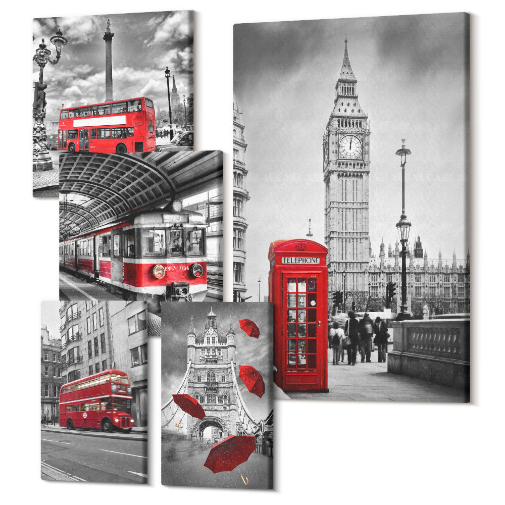Vászonkép ötrészes Londoni motívumok piros díszítéssel és építészettel