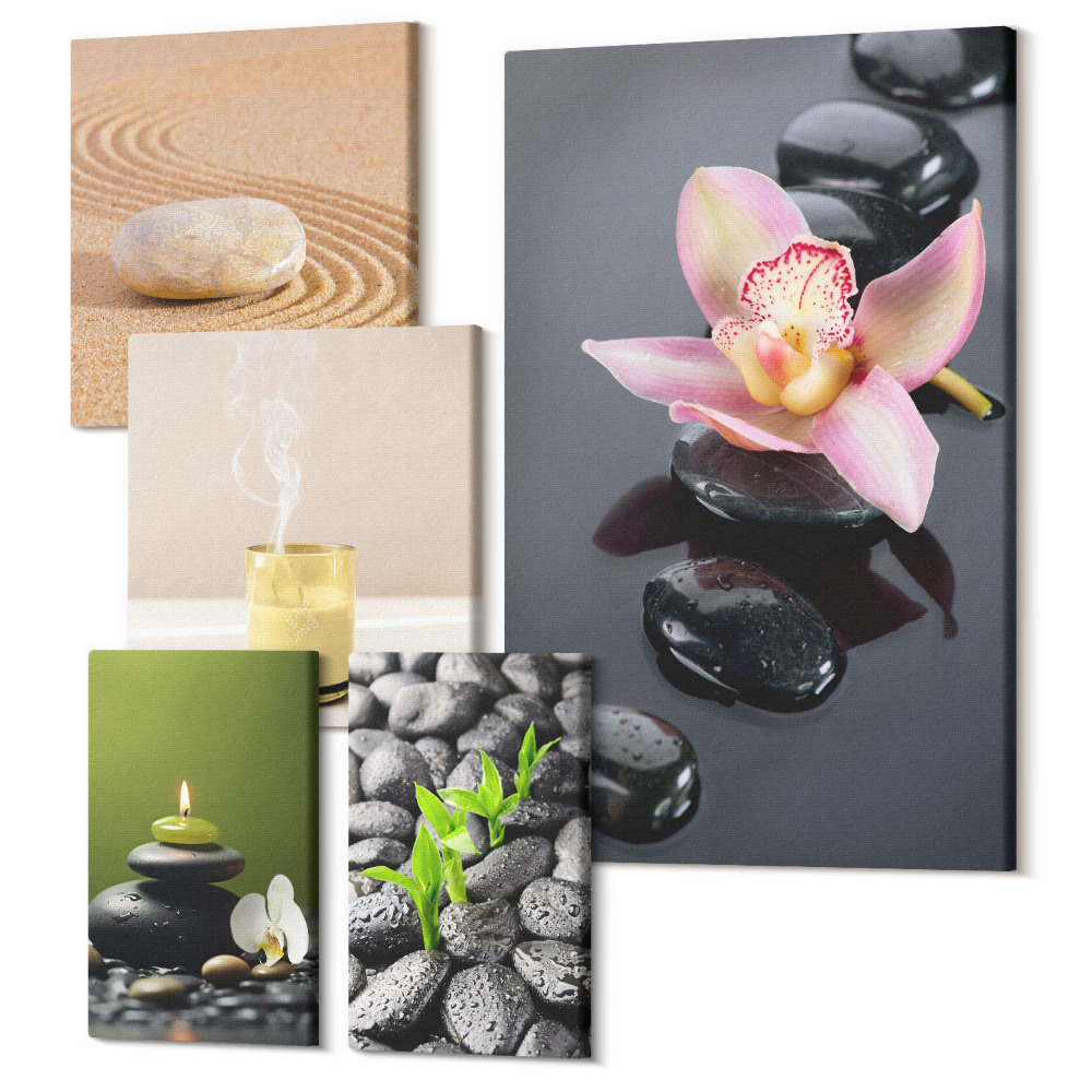 Öt részes vászonkép szett Pihentető zen motívumok kövekkel és orchidea virágokkal