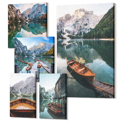 Vászonkép ötrészes Nyugodt tavak facsónakokkal a hegyekben