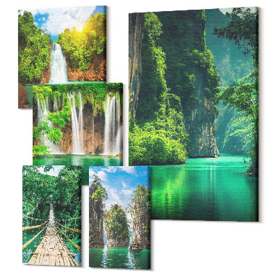 Öt részes vászonkép szett Trópusi tájak vízesésekkel és növényzettel