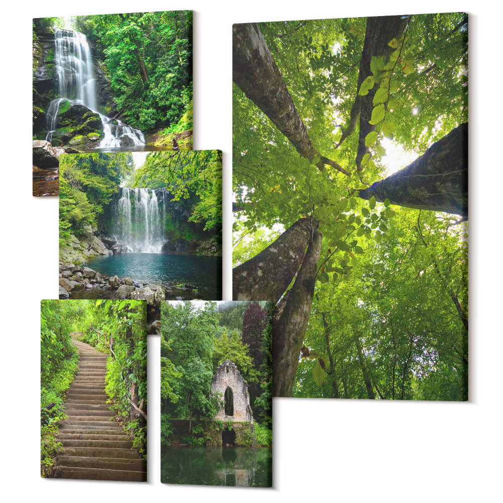 Vászonkép ötrészes Zöld tájak vízesések és erdei utak