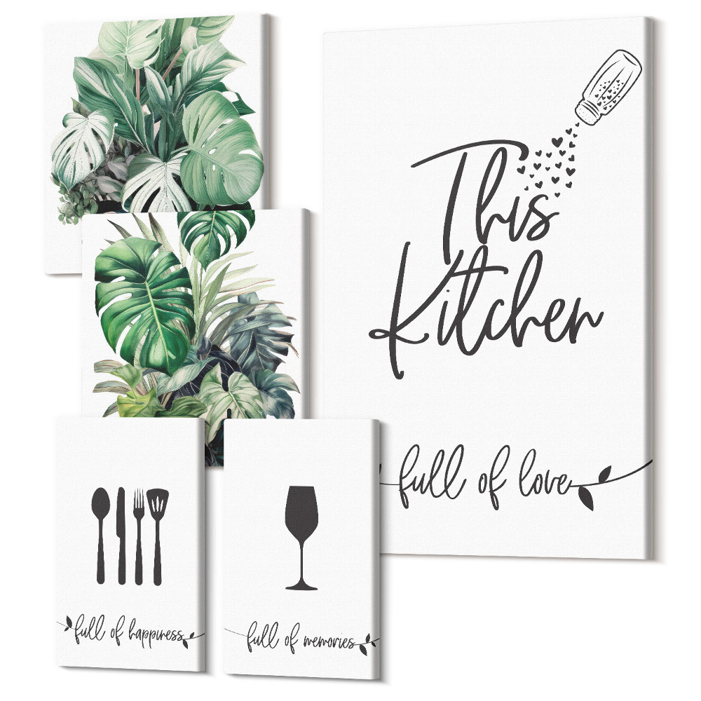 Vászonkép ötrészes Konyhai inspirációk növényekkel és pozitív szlogenekkel