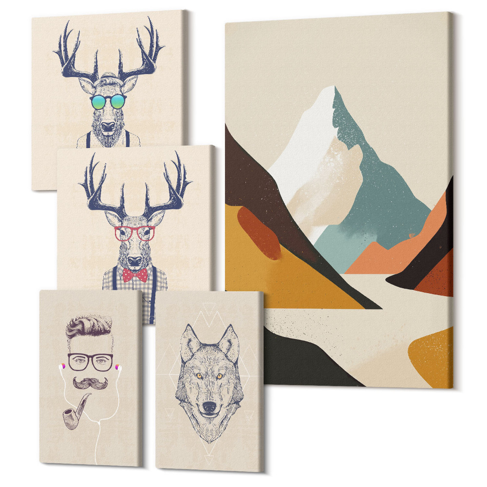 Vászonkép ötrészes Stílusos állatportrék hegyi tájakkal