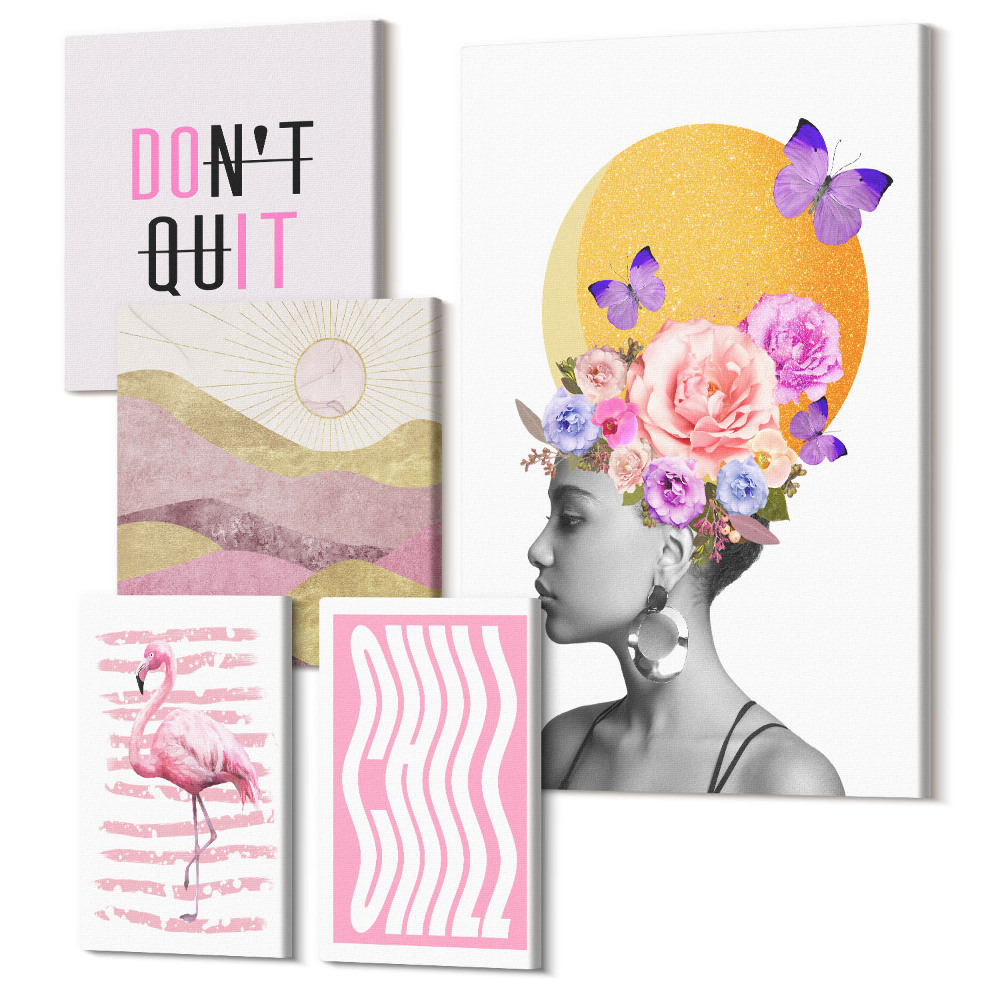 Öt részes vászonkép szett Boho stílus virágmotívumokkal és inspiráló szlogenekkel