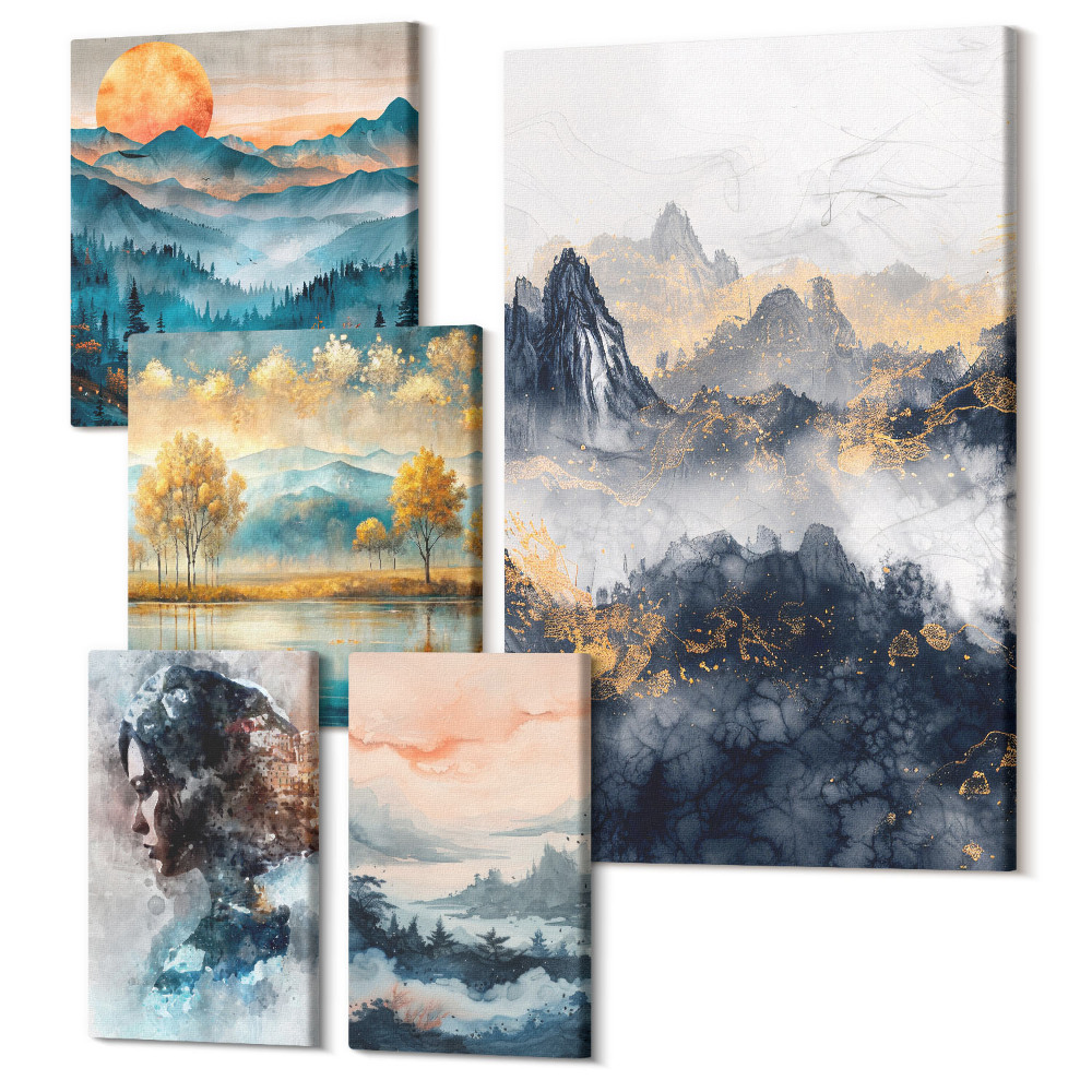 Vászonkép ötrészes Hegyi tájak portrékkal és természeti tájakkal