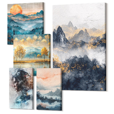 Vászonkép ötrészes Hegyi tájak portrékkal és természeti tájakkal