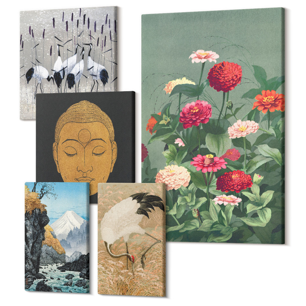 Vászonkép ötrészes Ázsiai tájak virágokkal és buddhista szimbolikával