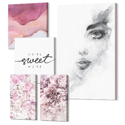 Vászonkép ötrészes Női portrék és virágkompozíciók pasztell színben