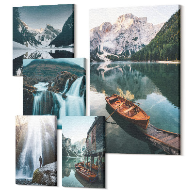 Vászonkép ötrészes Hegyi tájak vízesésekkel és alpesi tavakkal