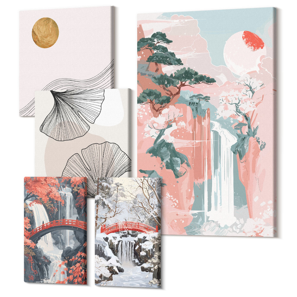 Vászonkép ötrészes Természeti tájak vízesésekkel és japán stílusú növényzettel