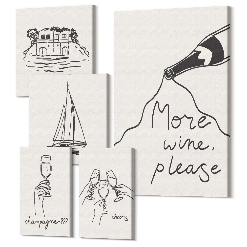 Öt részes vászonkép Stílusos grafika bor és vízparti pihenés témáival