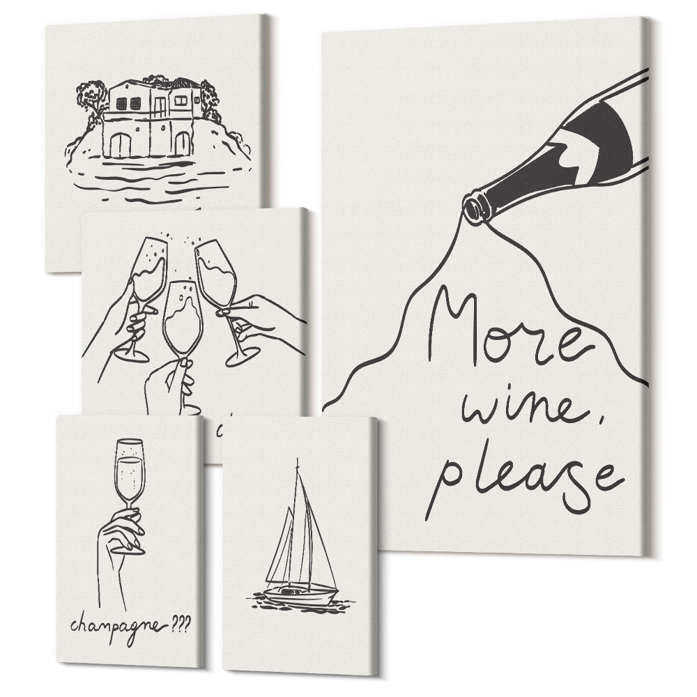 Vászonkép ötrészes Stílusos bor- és pirítósparti illusztrációk