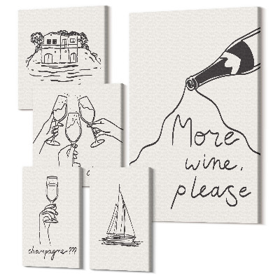 Vászonkép ötrészes Stílusos bor- és pirítósparti illusztrációk