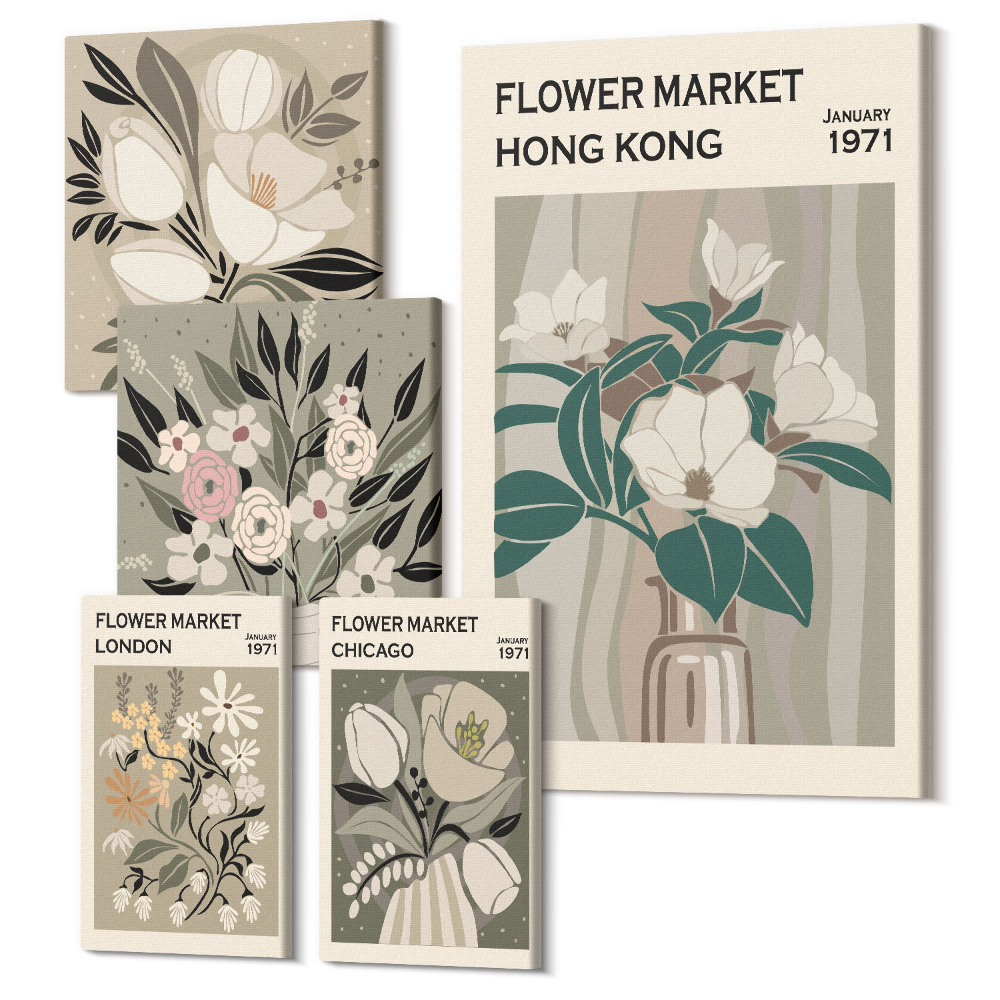 Öt részes vászonkép Virágpiacok különböző városokból, retro és vintage stílusban