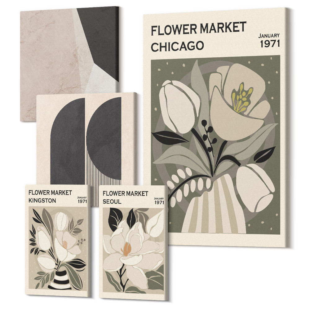 Öt részes vászonkép szett Stílusos kompozíciók virág- és geometrikus motívumokkal