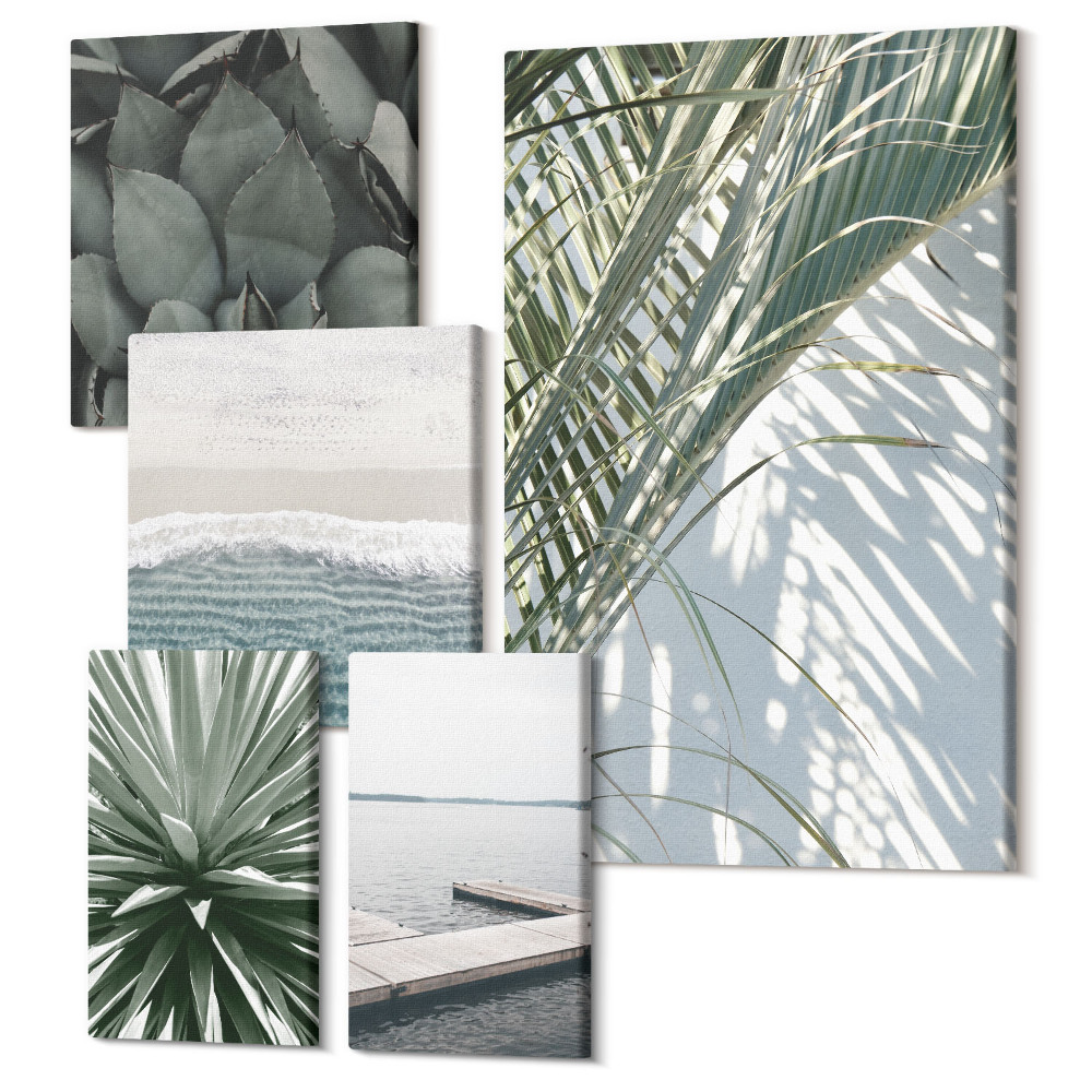 Öt részes vászonkép szett Trópusi növényi motívumok tengerre néző kilátással