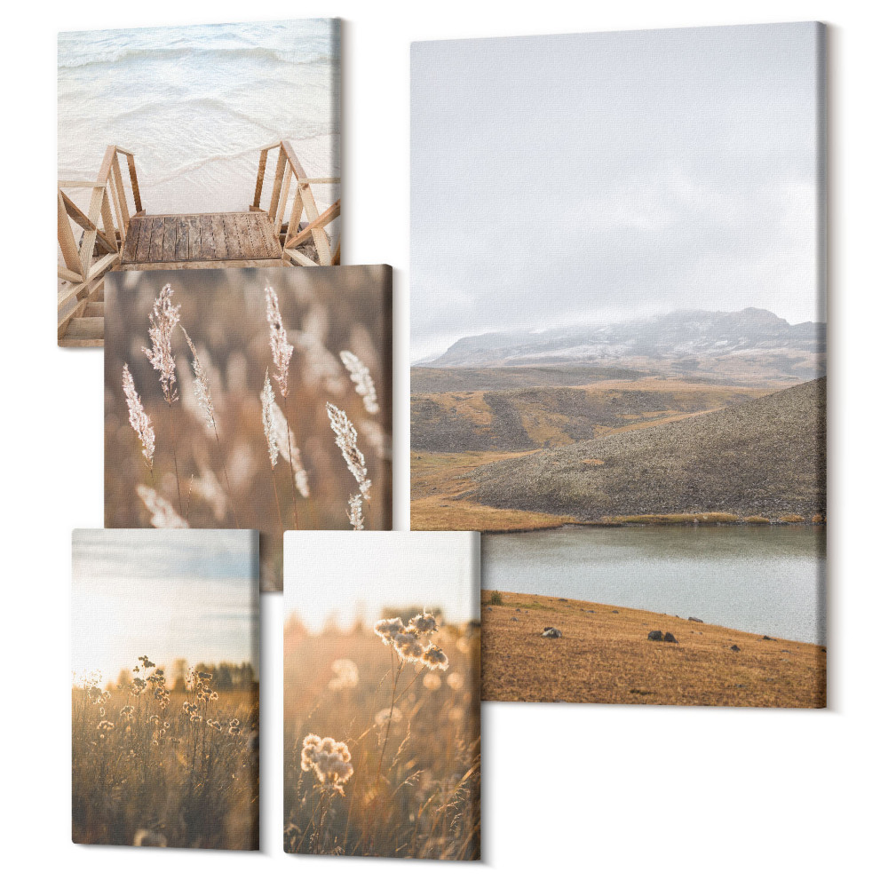 Vászonkép ötrészes Természeti tájak, kilátással a mezőkre és a tavakra