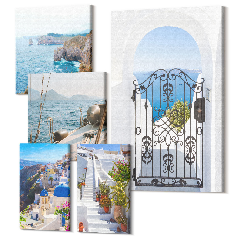 Öt részes vászonkép szett Görögország tájai, kilátás a tengerre és az építészet