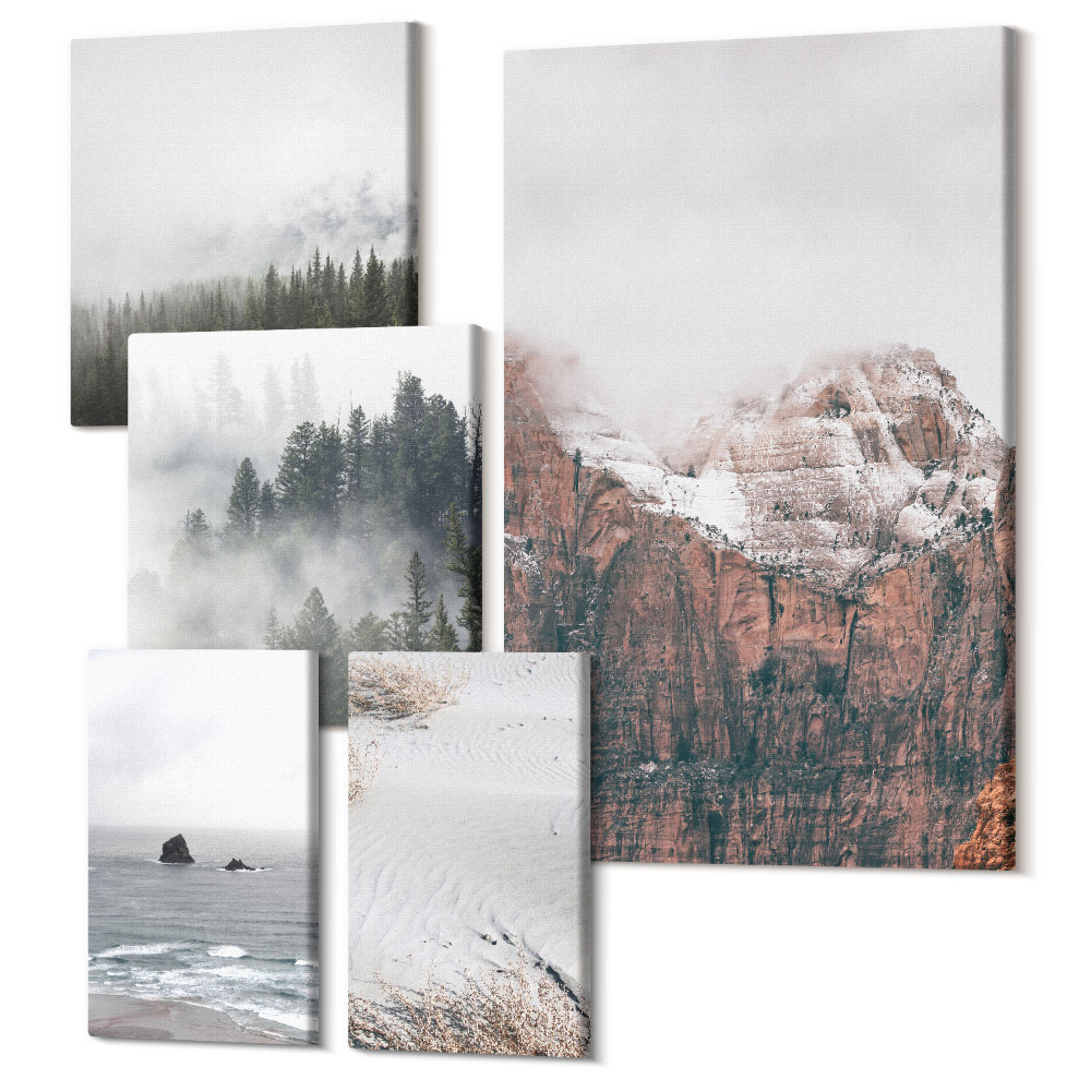 Vászonkép ötrészes Természeti tájak, hegyek, erdők és partok a felhőkben