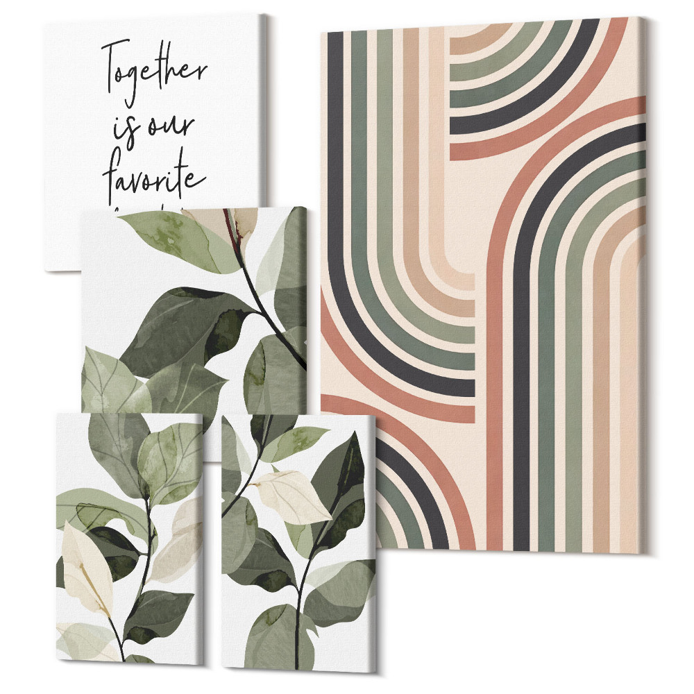 Öt részes vászonkép Stílusos virágos díszítések geometrikus mintákkal