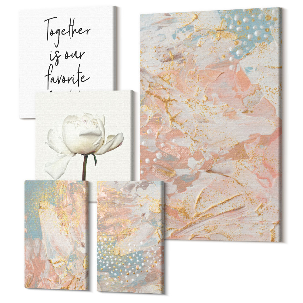 Öt részes vászonkép Absztrakt kompozíciók virágokkal és inspiráló szlogenekkel