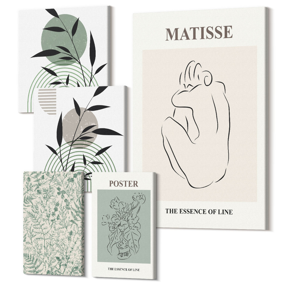 Vászonkép ötrészes Stílusos grafika növényi motívumokkal és vonalakkal