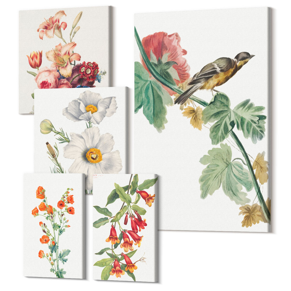 Vászonkép ötrészes Vintage virág- és madármotívumok lakásdekorációhoz