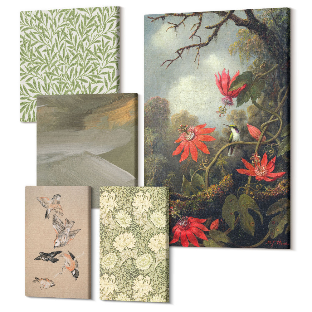 Öt részes vászonkép Virágok és madarak természetes díszítő motívumokkal
