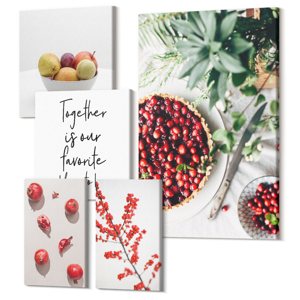 Vászonkép ötrészes Gyümölcskompozíciók növényi motívumokkal és szöveggel