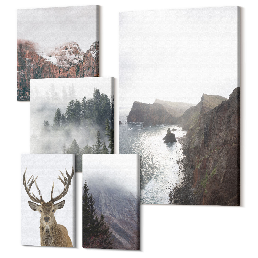 Öt részes vászonkép Természeti tájak vadon élő állatokkal és állatokkal