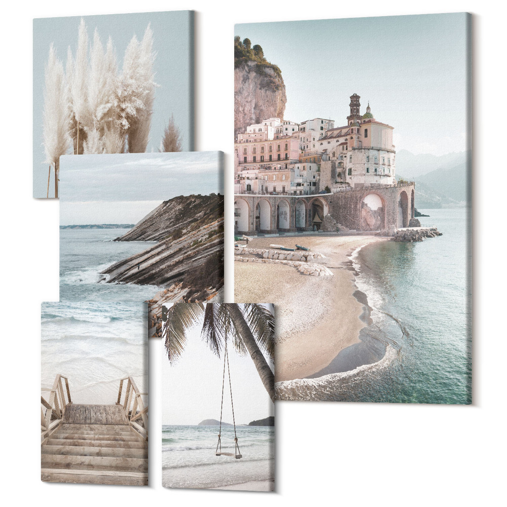 Öt részes vászonkép szett Stílusos tengerparti kilátás strandokkal és építészettel