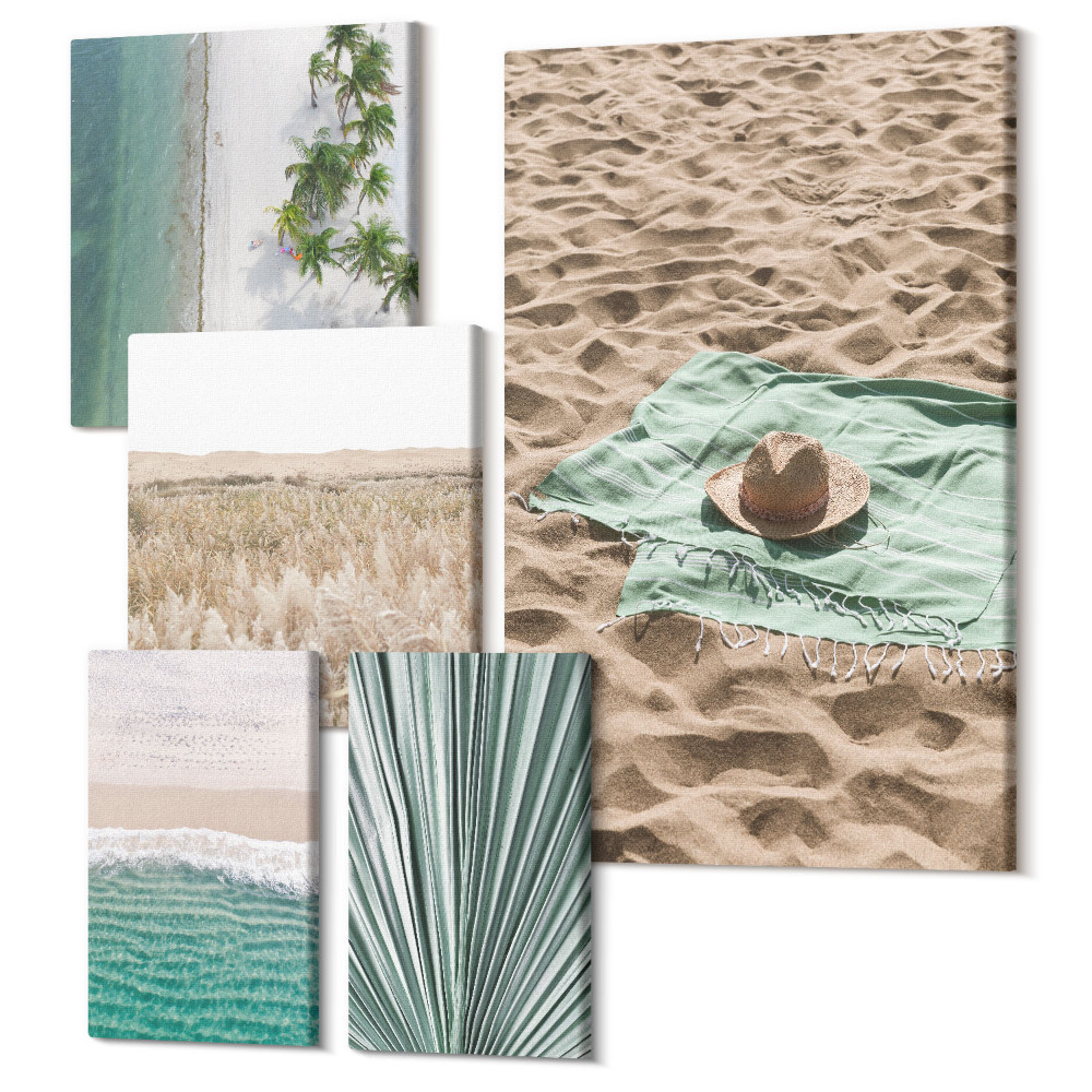 Vászonkép ötrészes Pihentető kilátás a tengerpartra és a trópusi természet