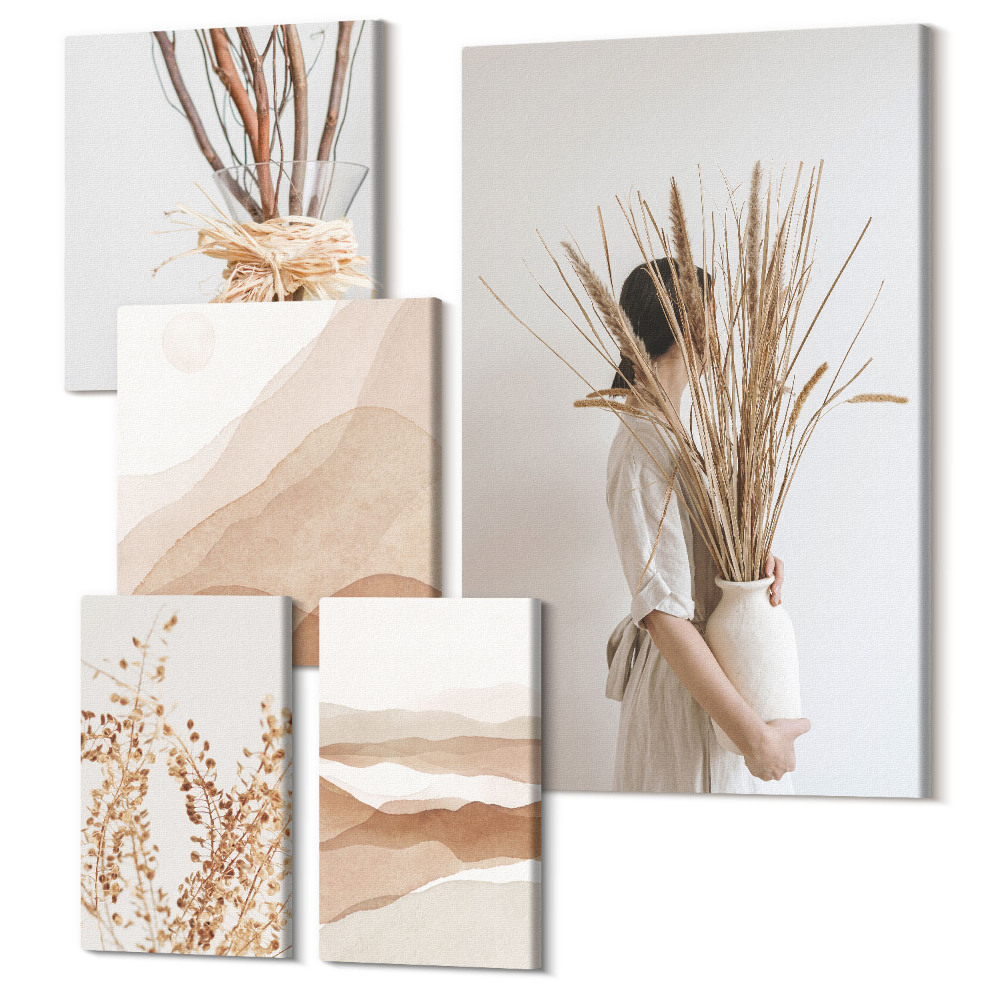 Öt részes vászonkép szett Stílusos boho akcentusok növényekkel és absztrakt tájakkal