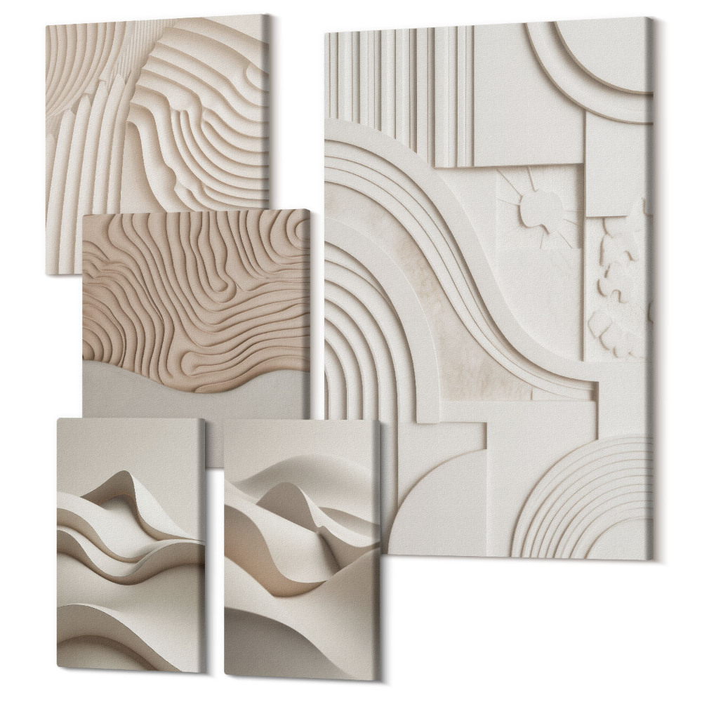 Vászonkép ötrészes Absztrakt szerkezeti formák bézs és fehér árnyalataiban