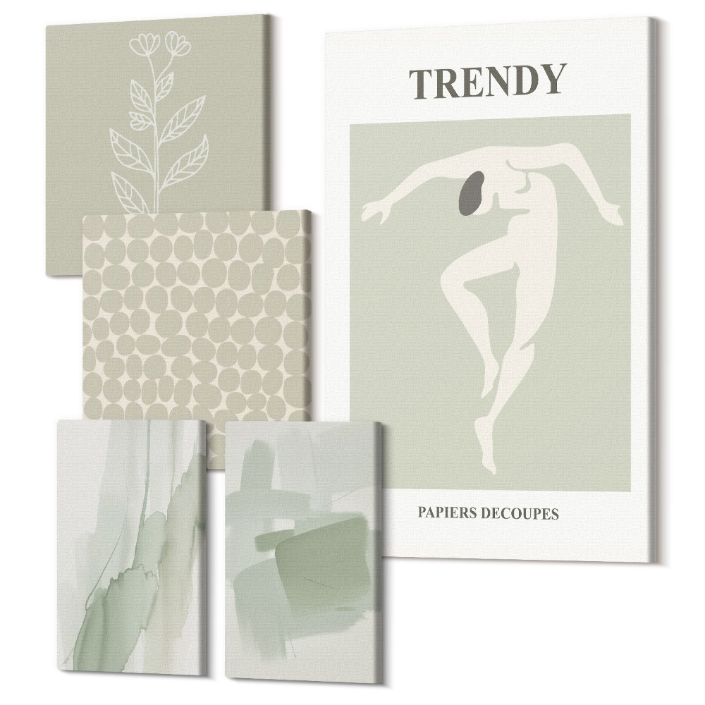 Vászonkép ötrészes Stílusos grafika a zöld árnyalataiban, absztrakt motívumokkal