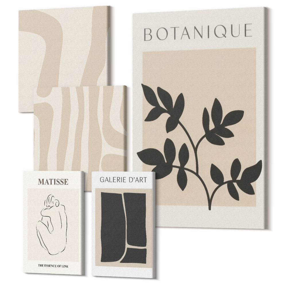 Öt részes vászonkép szett Stílusos grafika növényi motívumokkal és absztrakt formákkal