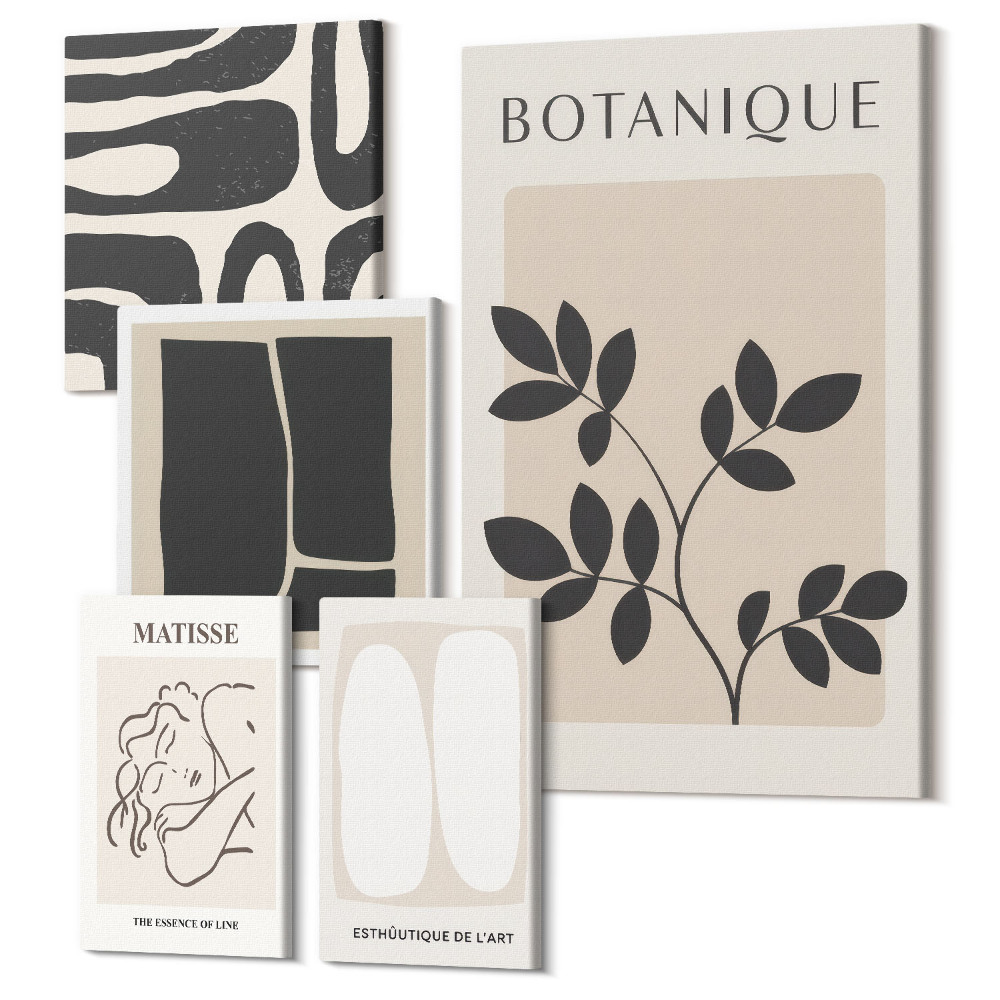 Vászonkép ötrészes Stílusos grafika növényi motívumokkal és absztrakcióval