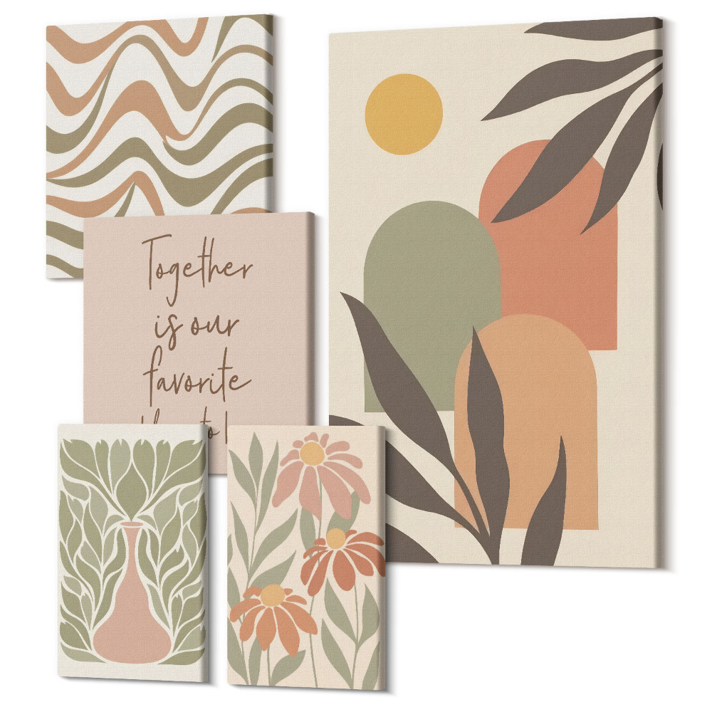 Öt részes vászonkép Stílusos dekorációk pasztell színekben, növényi motívumokkal