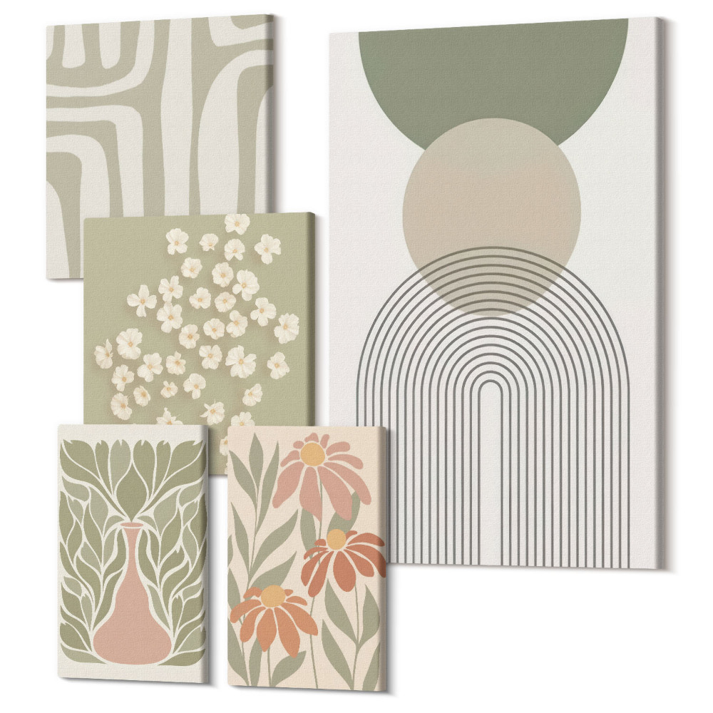 Öt részes vászonkép szett Stílusos grafika pasztell árnyalatokban növényi motívumokkal