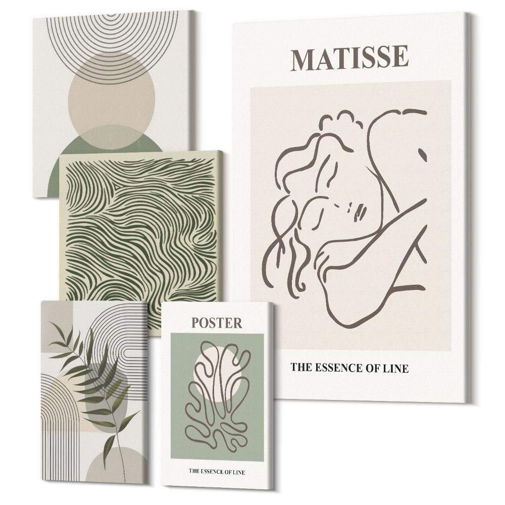 Vászonkép ötrészes Minimalista kompozíciók növényi motívumokkal és vonalakkal