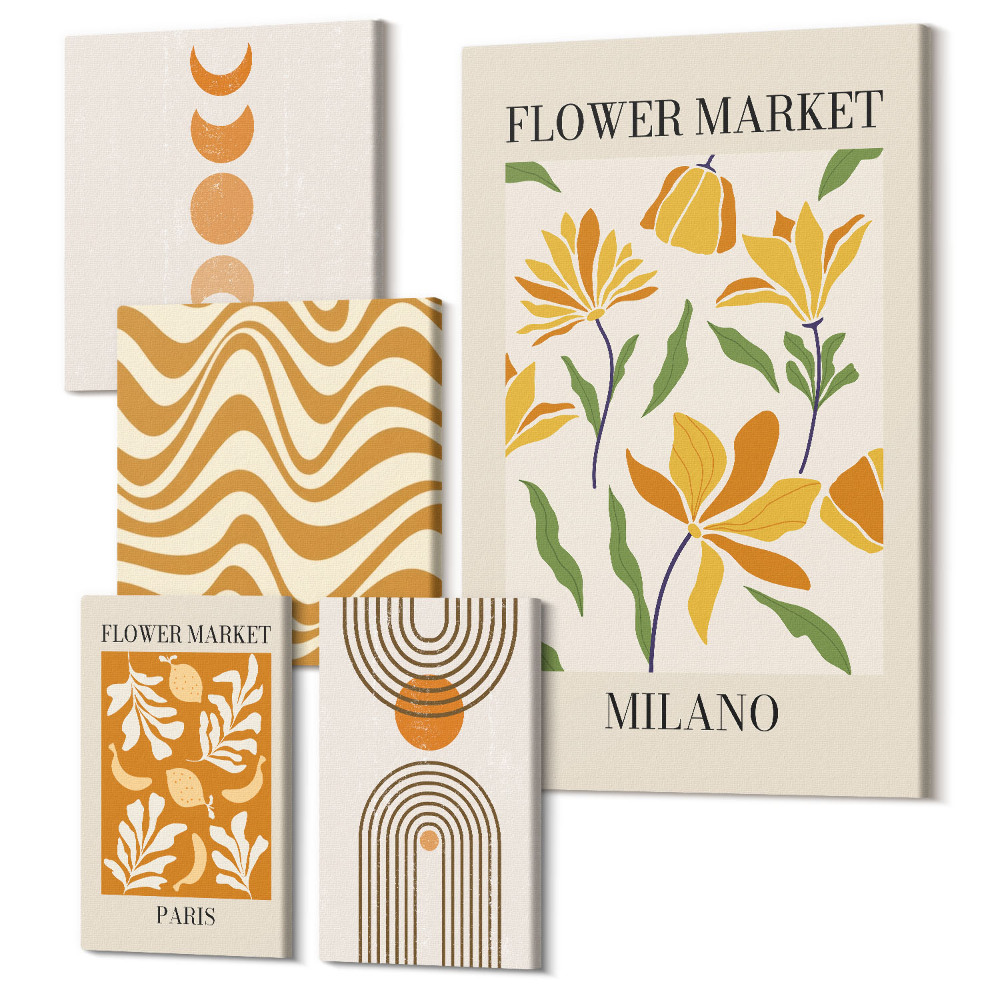 Öt részes vászonkép Stílusos dekorációk virágos és geometrikus motívumokkal