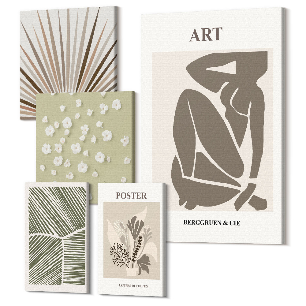 Öt részes vászonkép szett Stílusos grafika növényi motívumokkal és absztrakcióval